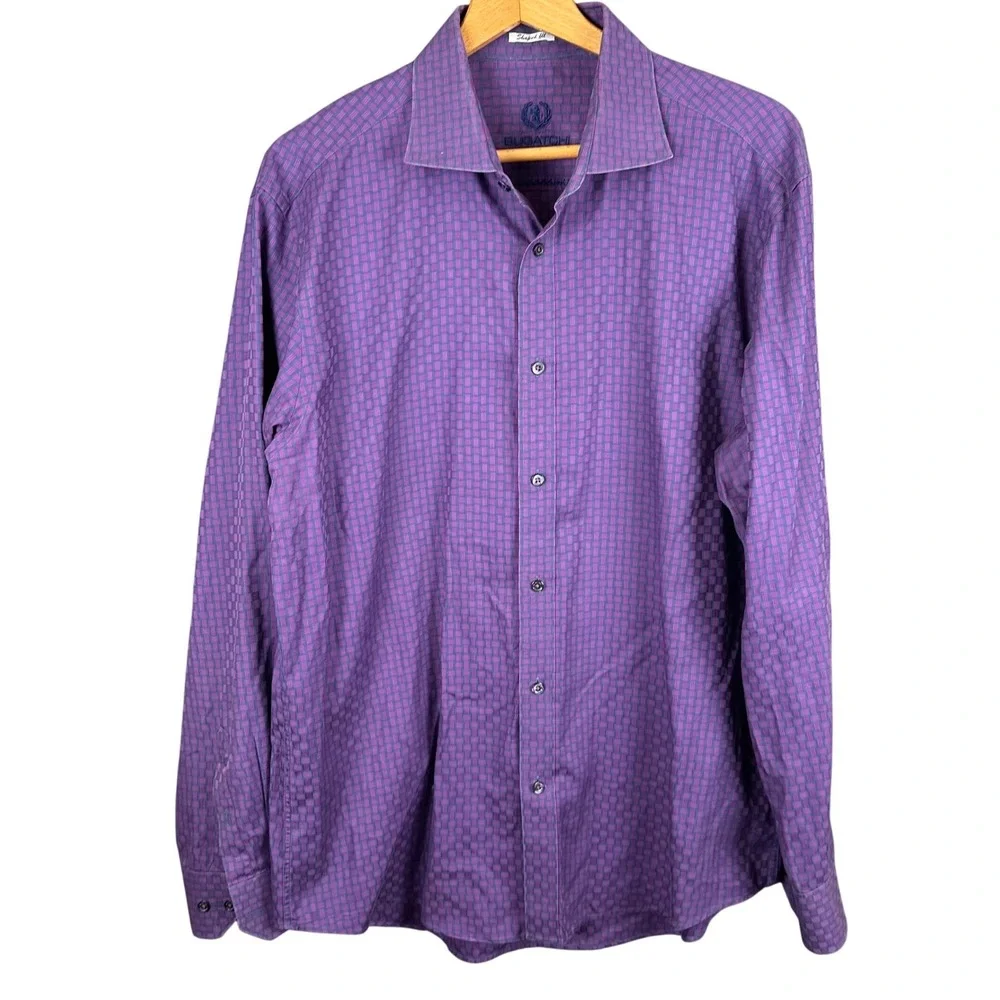 Bugatchi Uomo Mens Purple Basketweave Cotton Button Down Shirt Shaped Fit XL